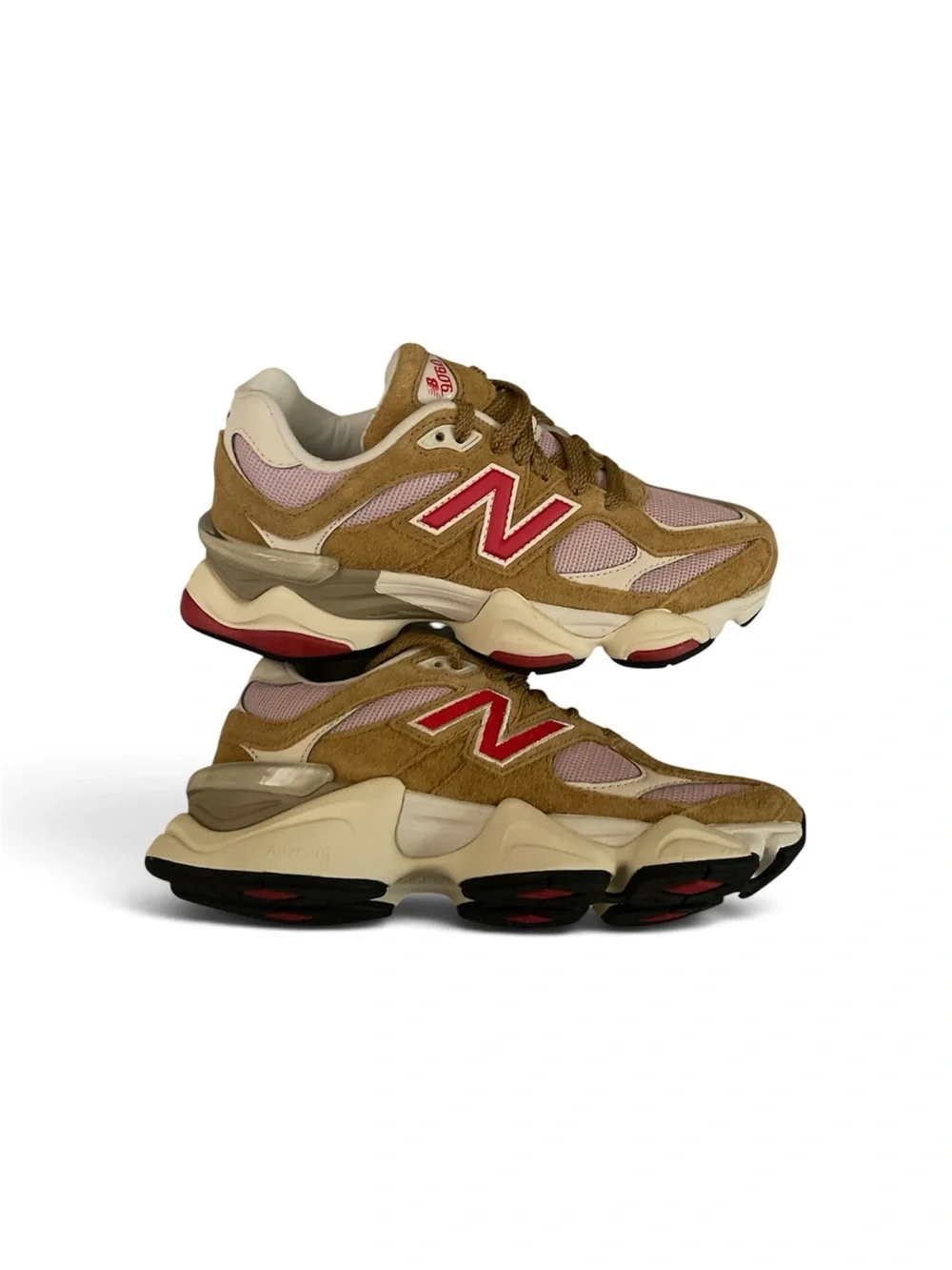 New Balance 9060 Women's Tan & Pink Retro Runner with Red Logo